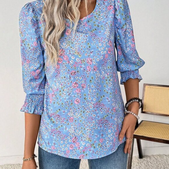 Baby Blue Boho Women's Vacation Casual Ditsy Floral Puff Sleeve Shirt - Picture 7 of 7